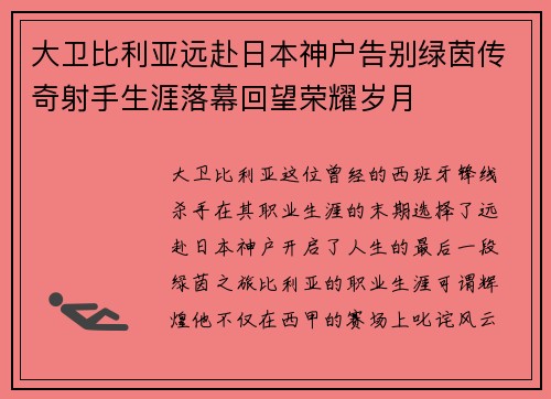 大卫比利亚远赴日本神户告别绿茵传奇射手生涯落幕回望荣耀岁月 大卫比利亚远赴日本神户告别绿茵传奇射手生涯落幕回望荣耀岁月